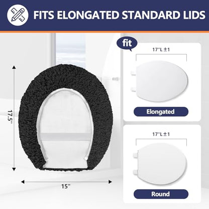 Soft Microfiber Toilet Lid Cover 17.5" x 15" Machine Washable | Solid Toilet Seat Cover Adjustable Rubber Backing Fits Most 16 -17.5" L x 14-16" W Round Oblong and Elongated Toilet Seat - color: Black