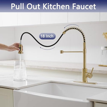 VOTON Kitchen Faucets with Pull Out Sprayer Commercial Spring Sink Faucet Stainless Steel Brushed Gold Pull Down Single Handle Farmhouse faucets with Deck Plate for Camper Laundry Utility Rv Wet Bar - color: Brushed Gold