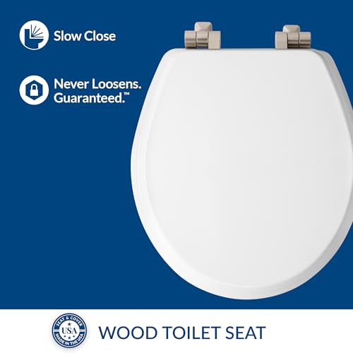 Mayfair Bennett Toilet Seat with Brushed Nickel Hinges, Slow Close Wood Seat, Secure Metal Hinges, Easy Install, Made in USA, Round, White - color: Brushed Nickel, size: Round