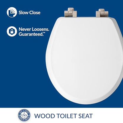Mayfair Bennett Toilet Seat with Brushed Nickel Hinges, Slow Close Wood Seat, Secure Metal Hinges, Easy Install, Made in USA, Round, White - color: Brushed Nickel, size: Round