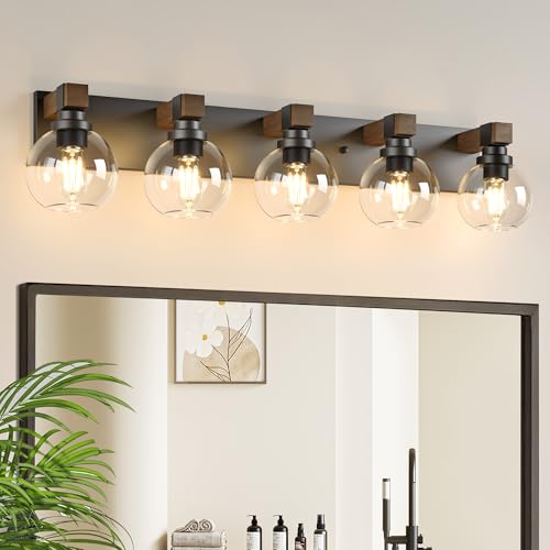 Farmhouse Bathroom Vanity Light Fixtures, 5-Light Wood Bathroom Light Fixtures Over Mirror, Rustic Vanity Lighting with Glass Shade for Living Room, Bedroom, Hallway - color: Black, size: 5 Lights