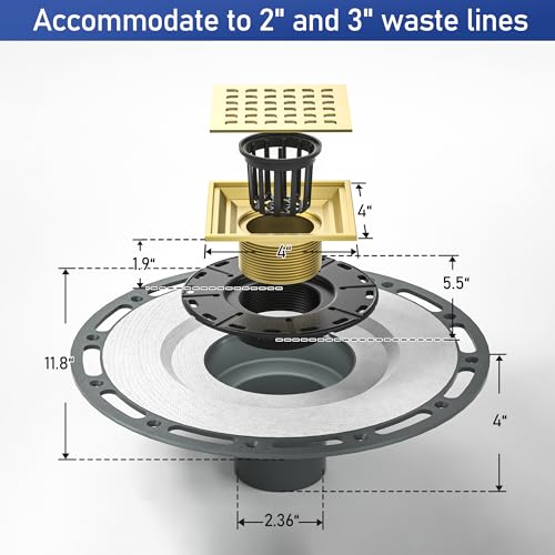 Square Shower Drain w/PVC Bonding Flange Base, 4" Gold | 304 Stainless Steel Drain w/ Drain Key for Low Profile Shower Tiles, CUPC Certified - color: Polished Gold4"