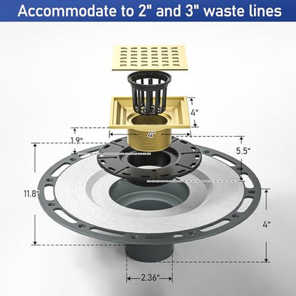 Square Shower Drain w/PVC Bonding Flange Base, 4" Gold | 304 Stainless Steel Drain w/ Drain Key for Low Profile Shower Tiles, CUPC Certified - color: Polished Gold4"