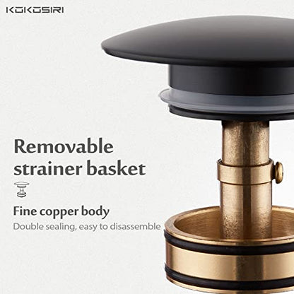 KOKOSIRI Pop Up Sink Drain with Strainer Basket, Matte Black Bathroom Sink Drain with Detachable Hair Catcher Anti Clogging for Vanity Vessel Sink Without Overflow, C1002BK - color: Matte Black