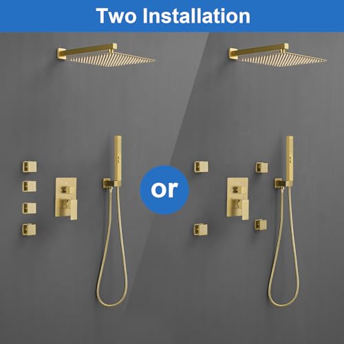 RUMOSE Rainfall Shower System with 4 Full Body Jet 4 Mode Shower Faucet Set | 12 Inch Rain Shower Head, 2 in 1 Handheld Spray, Brushed Gold Brass Shower Jet Shower Fixtures, Wall Mounted - color: Brushed Gold
