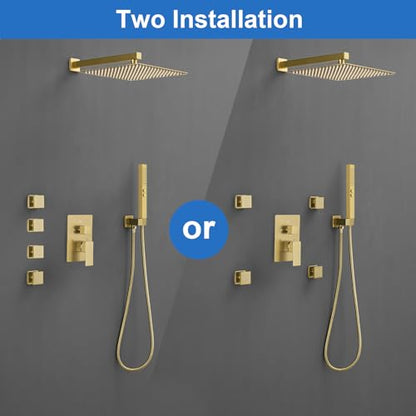 RUMOSE Rainfall Shower System with 4 Full Body Jet 4 Mode Shower Faucet Set | 12 Inch Rain Shower Head, 2 in 1 Handheld Spray, Brushed Gold Brass Shower Jet Shower Fixtures, Wall Mounted - color: Brushed Gold