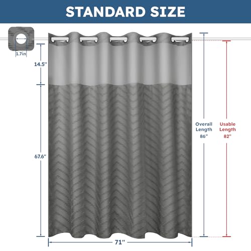 FADOTY Grey No Hook Shower Curtain Set with Snap in Liner, 71'' x 86'' | Bathroom Hotel Fabric Curtain, Waterproof Washable Liner, See Through Top Window, Ringless Chevron Tufted Cloth Curtain - color: Grey, size: 71"W x 86"L (Pack of 1)