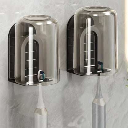 Wall Mounted Toothbrush Holder Set - Self Adhesive Bathroom Toothbrush Holder & Cup Set for Small Bathroom, Apartments or RVs, Includes 2 Cups and 2 Aluminum Toothbrush Holders (Black)