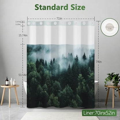 No Hook Shower Curtain with Snap in Liner, Misty Forest Easy Hang Double-layer Waterproof Fabric Shower Curtain with Sheer Top Window, 71x74 Inches Summer Bathroom Shower Curtain Sets and Weighted Hem - color: Misty Forest