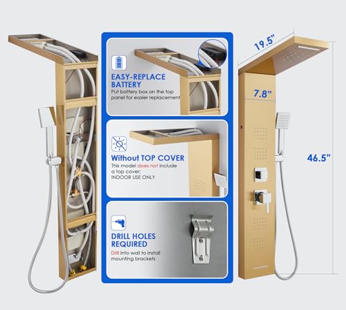 ROVOGO Gold Shower Panel Tower System W/Led Lights & 5 Shower Modes, 46.5" | Rainfall Waterfall Shower Head, 4 Body Massage Jets, Handheld and Tub Spout, Stainless Steel Shower Column with Brass Valves - color: Gold-4 jets