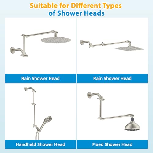 All-Metal 16" Shower Head Extension Arm, G1/2" Universal, Brushed Nickel | Flexible Brass Shower Head Extender Adjustable Height/Angle, Stainless Steel Rain Shower Pipe Height Extended with Lock Joint - color: Brushed Nickel, size: 16 Inch