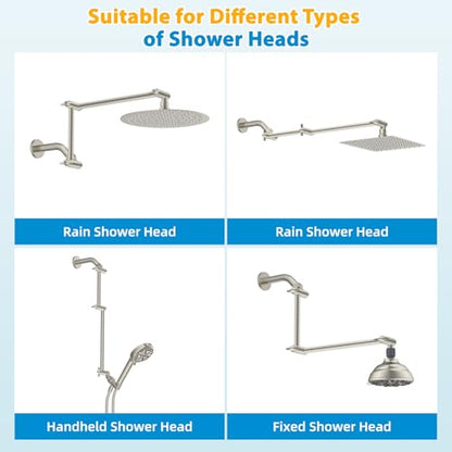 All-Metal 16" Shower Head Extension Arm, G1/2" Universal, Brushed Nickel | Flexible Brass Shower Head Extender Adjustable Height/Angle, Stainless Steel Rain Shower Pipe Height Extended with Lock Joint - color: Brushed Nickel, size: 16 Inch