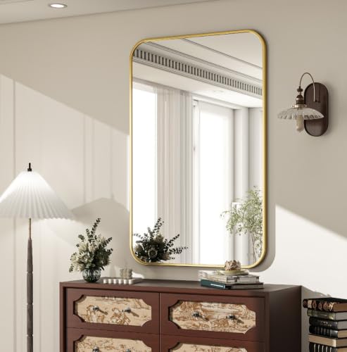 24x36 Inch Gold Bathroom Vanity Mirror for Over Sink | Rectangle Wall Mirror for Bathroom with Round Corner, Hangs Horizontally Vertically for Living Room, Bedroom as Home Decor - color: Gold, size: 36"L x 24"W