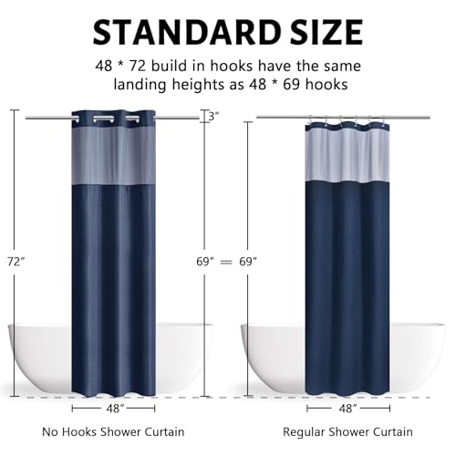 Furlinic No Hook Waffle Weave Shower Curtain with Snap in Fabric Liner Set,Heavy Duty Textured Bathroom Curtain with See Through Window,Waterproof & Machine Washable,Navy Blue,Stall 48x72 Inch - color: Navy, size: 48"W x 72"L (Pack of 1)