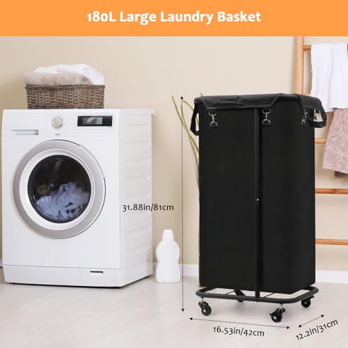 Longzhuo 180L Laundry Hamper with Wheels, Rolling Laundry Basket with Removable Bag and Metal Frame,Large Tall Laundry Hampe for Bedroom,Laundry Room,Hotel Laundry Organization(Black)