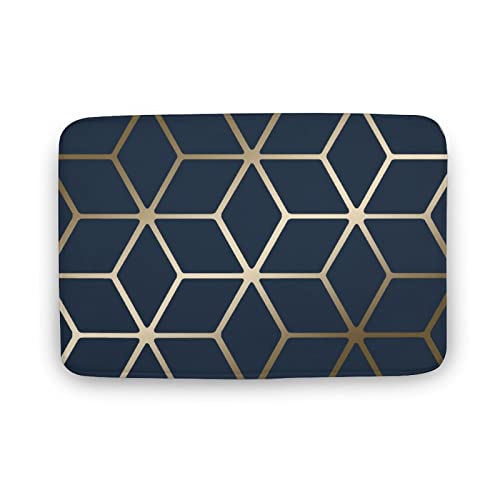 Cubic Metallic Navy Blue Gold Bath Mat Non-Slip Bathroom Rugs, Soft Absorbent Bath Rug for Bathroom Floor,Microfiber Memory Foam Antiskid Backing Bath Rugs 16X24Inch