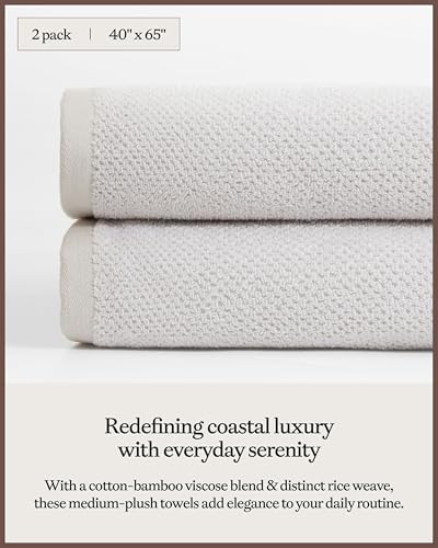 Cozy Earth Nantucket 60% Cotton 40% Viscose from Bamboo Bath Sheet | 600 GSM Plush and Fast-Drying with Rice Weave Pattern, 2 Pack 40" x 65" Luxury Bath Sheet, Light Grey - color: Heathered Light Grey, size: Bath Sheet