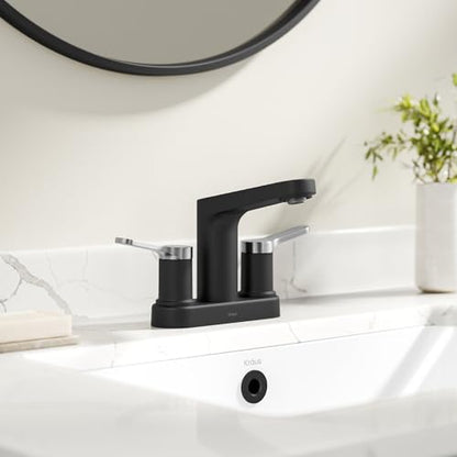 KRAUS Indy Centerset Bathroom Faucet in Spot-Free Brushed Nickel/Matte Black with 2 Handles, Pop Up Drain and Supply Lines, FUS-14102SFBNMB - color: Spot Free Brushed Nickel/Matte Black, style: Centerset