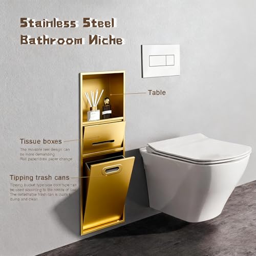 Stainless Steel Recessed Shower Nich with Built-in Trash Can(25.4X11.2IN) | Waterproof Bathroom Niche Alcove Toilet Paper Toiletries Storage Rack for Living Room Bedroom Hotel Residential - color: Gold