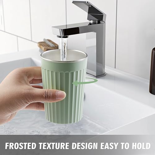 Toothbrush Cup Holder for Bathroom,Reusable Stainless Steel Bathroom Cup | 3"x4.5" Unbreakable Green Bathroom Tumbler Cup ,300ml Easy To Clean Striated Mouthwash Cup - color: Green