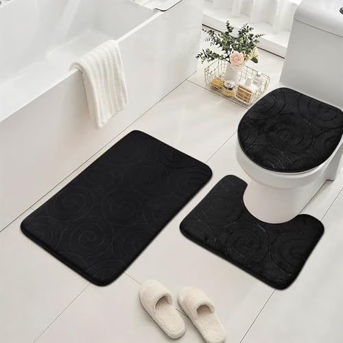 Bathroom Rug Sets 3 Piece, Memory Foam Non Slip Bathroom Rug, Toilet Rugs U Shaped Washable, Soft Absorbent Bath Mats for Bedroom, Kitchen, Black