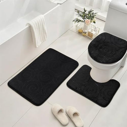 Bathroom Rug Sets 3 Piece, Memory Foam Non Slip Bathroom Rug, Toilet Rugs U Shaped Washable, Soft Absorbent Bath Mats for Bedroom, Kitchen, Black