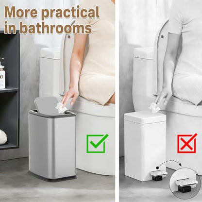 2.1 Gal Slim Bathroom Trash Can with Swing Lid, Rustproof Stainless Steel Small Garbage Can for Narrow Spaces & Toilet Side, Dog Proof Odor Control Waste Basket for Bedroom/Office, Silver - color: Silver