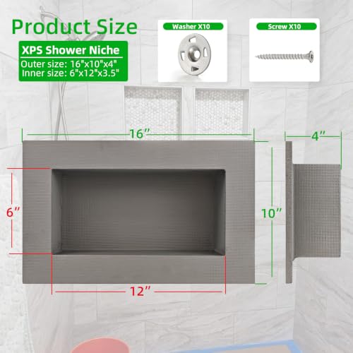 Shower Niche Insert Tile Ready 12"x6",Embedded Size 13"x7",Depth 4" | Niche for Shower Wall,Waterproof Ready-to-Tile Niches Recessed Box Shelf for Showers Wall Bathroom Renovation/Soap Storage - size: Inner 12"x6"/Outer 16"x10"