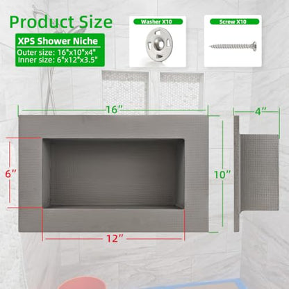 Shower Niche Insert Tile Ready 12"x6",Embedded Size 13"x7",Depth 4" | Niche for Shower Wall,Waterproof Ready-to-Tile Niches Recessed Box Shelf for Showers Wall Bathroom Renovation/Soap Storage - size: Inner 12"x6"/Outer 16"x10"