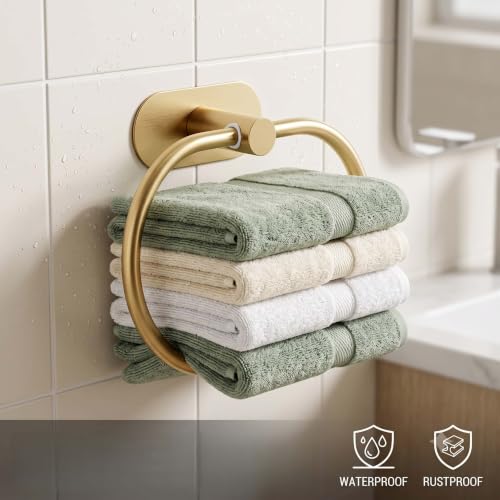 Towel Ring Self Adhesive No Drill Hand Towel Holder for Bathroom SUS 304 Stainless Steel Brushed Nickel (Gold 2 Pcs) - color: Gold(2 Pcs)