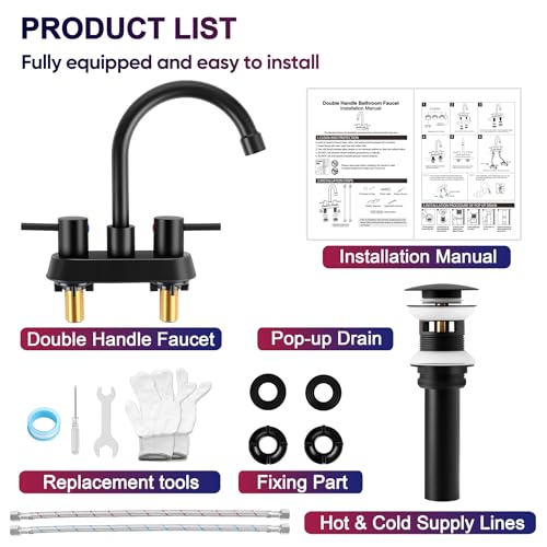 Matte Black Bathroom Faucet for 3 Hole, Herogo 4 Inch 2-Handle Bathroom Sink Faucet with Pop-Up Drain and Supply Hoses, 18/10 Stainless Steel Faucets for RV Vanity - color: Matte Black, style: Round Handles