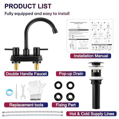 Matte Black Bathroom Faucet for 3 Hole, Herogo 4 Inch 2-Handle Bathroom Sink Faucet with Pop-Up Drain and Supply Hoses, 18/10 Stainless Steel Faucets for RV Vanity - color: Matte Black, style: Round Handles