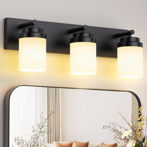 IZORRO Bathroom Vanity Light Fixture, 3-Light 22 Inch Matte Black Bathroom Light Fixtures Over Mirror, with White Glass Shade, Modern Farmhouse Vanity Lights, Rustic Restroom Lighting Fixtures - color: Black-White Glass Shade, size: 22 inch-3-Light