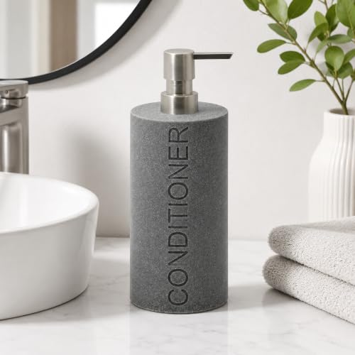 Resin Neutral Gray Sandstone Conditioner Engraved Bottle Refillable Pump Dispenser, Durable Waterproof Resin Construction for Bath, Shower - Gray Sandstone Satin Nickel Pump - color: Gray Sandstone Resin, Nickel Pump - Conditioner