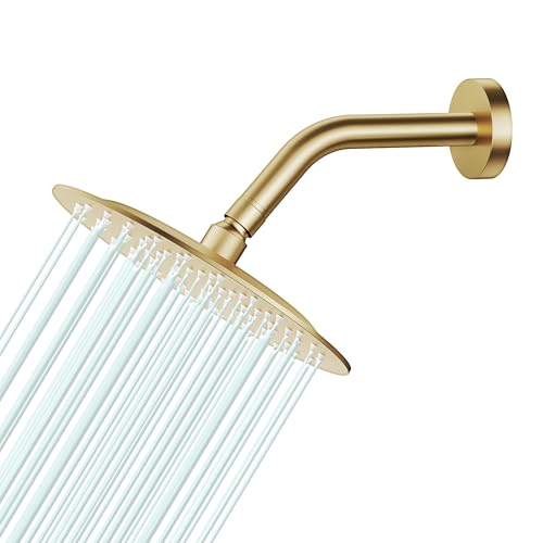 All Metal Rain Shower Head - Heavy Duty Stainless Steel, Easy Install, High Water Flow, Ultra-Thin Modern Design for Bathroom (F-Brushed Gold, 8) - color: Brushed Gold, size: 8