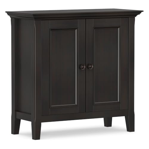 SIMPLIHOME Amherst 32" Wide Solid Wood Cabinet in Hickory Brown | Transitional-style low storage cabinet with adjustable shelves for organized living room, entryway or dining area storage.