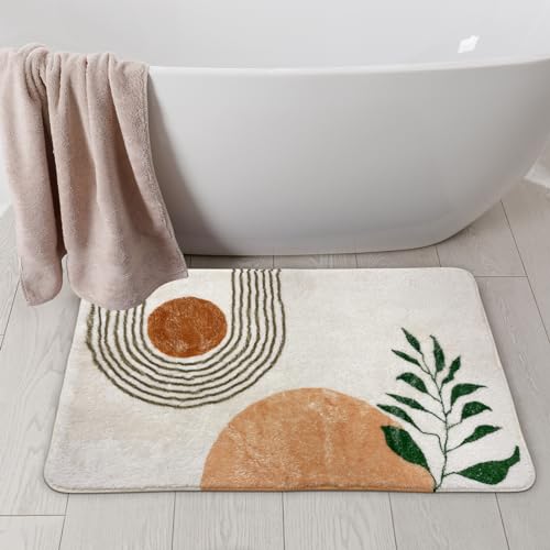 APROPHIC 20"X30" Boho Bath Rugs for Bathroom Decor Non-Slip Bath Mat Absorbent Plush Microfiber Soft Carpet Machine Washable Bath Mat for Bathrooms,Showers,Laundry Rooms,White and Green - color: Beige, size: 20" x 30" (Rectangular)