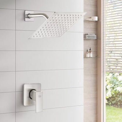 Shower Only Faucet Set Brushed Nickel, Bathroom Rain Mixer Shower Head Set Wall Mounted Rainfall Shower System Single Handle Shower Trim Kit with Rough-in Valve - color: Brushed Nickel, size: 8 Inch (Wall Mount)