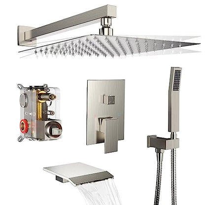 Brushed Nickel Shower System Rain Faucet Set with Tub Spout,10 inch | All-Metal Wall Mounted Bathroom Shower Faucet Set with Safe Pressure Balance Valve, Water Saving High Pressure Rainfall Head - color: Brushed Nickel, style: 10in with Tub spout