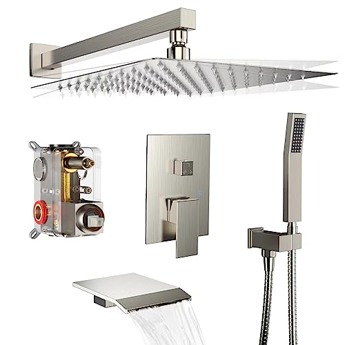 Brushed Nickel Shower System Rain Faucet Set with Tub Spout,12 inch | All-Metal Wall Mounted Bathroom Shower Faucet Set with Safe Pressure Balance Valve, Water Saving High Pressure Rainfall Head - color: Brushed Nickel, style: 12in with Tub spout