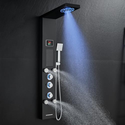 ROVOGO LED Shower Panel Tower With Lights & Digital Display, Water Powered | Rain Mist Shower Head, Handheld, 5 Body Jets, Tub Spout, Hydroelectric Shower Column Stainless Steel W/ Brass Valves, Black - style: 6-Function-Black-Water Powered
