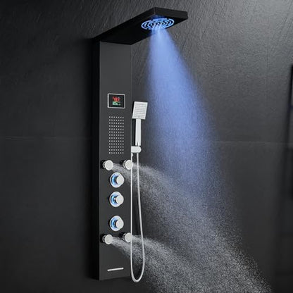 ROVOGO LED Shower Panel Tower With Lights & Digital Display, Water Powered | Rain Mist Shower Head, Handheld, 5 Body Jets, Tub Spout, Hydroelectric Shower Column Stainless Steel W/ Brass Valves, Black - style: 6-Function-Black-Water Powered