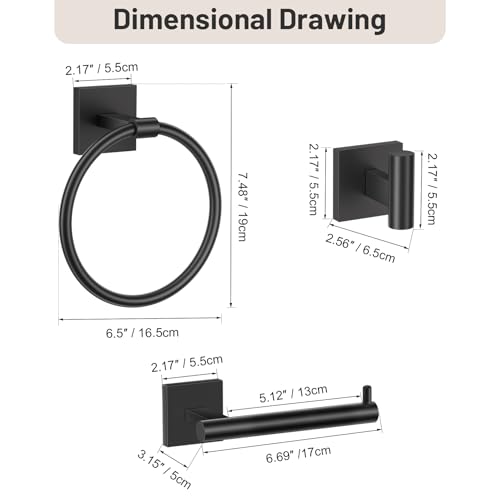 Towel Ring Set 4 Piece Bathroom Hardware Set Includes Towel Ring 2 Towel Hooks and Toilet Paper Holder Stainless Steel Wall Mounted (Matte Black) - color: Matte Black, size: Set C