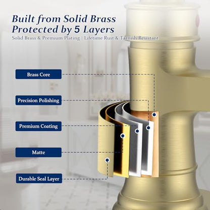 BWE Solid Brass Brushed Gold Waterfall Bathroom Faucet for Modern & Classic | Wide Waterfall Spout, Ceramic Cartridge, Fits 1 or 3-Hole Sink, Single Handle, Hardware Kit Included, Not for Vessel Sink - color: Brass Gold