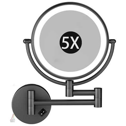 8" Wall Mounted Lighted Makeup Mirror, Hardwired Double Sided LED Magnifying Extended Arm 360° Swivel Bathroom Vanity Mirror,Black,5X - color: Black, size: 5X