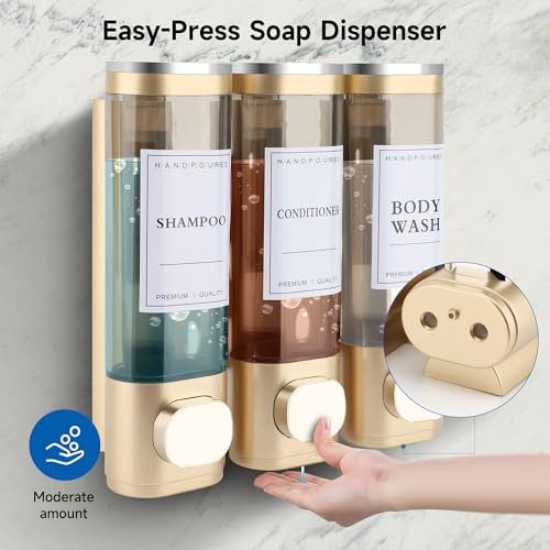 Shampoo and Conditioner Dispenser, 3 Chamber 300ml, Wall Mounted, Gold | Shower Soap Dispenser, Refillable Hand Soap Dispensers, Body Wash Dispenser for Bathroom, Kitchen, Hotel, Home - color: Gold, size: 3 Chamber