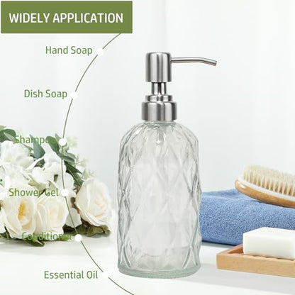 12Oz Clear Glass Soap Dispenser with Stainless Steel Pump, Diamond Design | Refillable Kitchen Liquid Hand Soap Dispenser, for Dispense Hand soap, Dish Soap, Lotion, Bathroom, Countertop, Hotel - color: Clear a