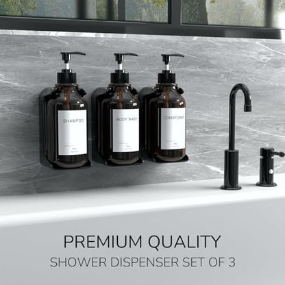 Modern Shampoo and Conditioner Dispenser Wall Mount Set of 3 - No Drill 16oz Bathroom Shower Soap Dispenser Wall Mounted with 6 Labels, Easy to Refill Shower Shampoo Dispenser 3 Chamber - Amber - color: Amber