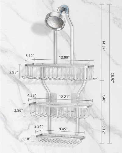 Shower Caddy Hanging - Never Rust Shower Hanging Organizer - Aluminum Over the ShowerHead Caddy with 6 Hooks for Razor/Sponge (Silver) - color: Silver