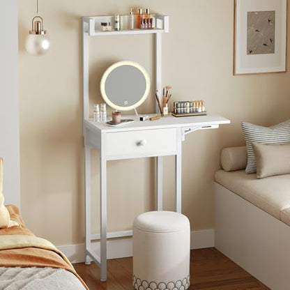 Small Vanity Desk Without Mirror, Makeup Vanity Table for Small Space, Compact White Dressing Table with Fold-up Panel and Fabric Drawer, for Bedroom, Easy Assembly, White